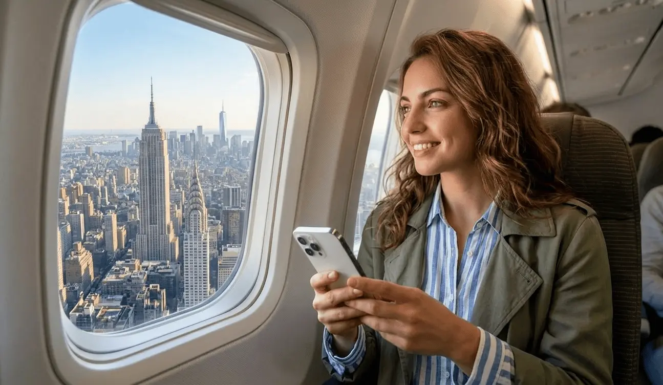 Traveler using phone on a plane